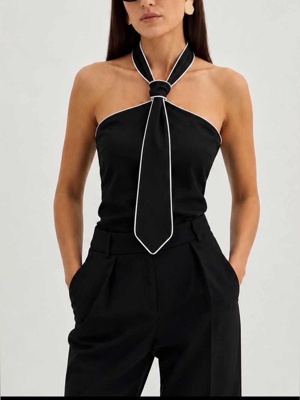 COMMENSE Black Halter Tie-Neck Strapless Top with White Piping - Size XL